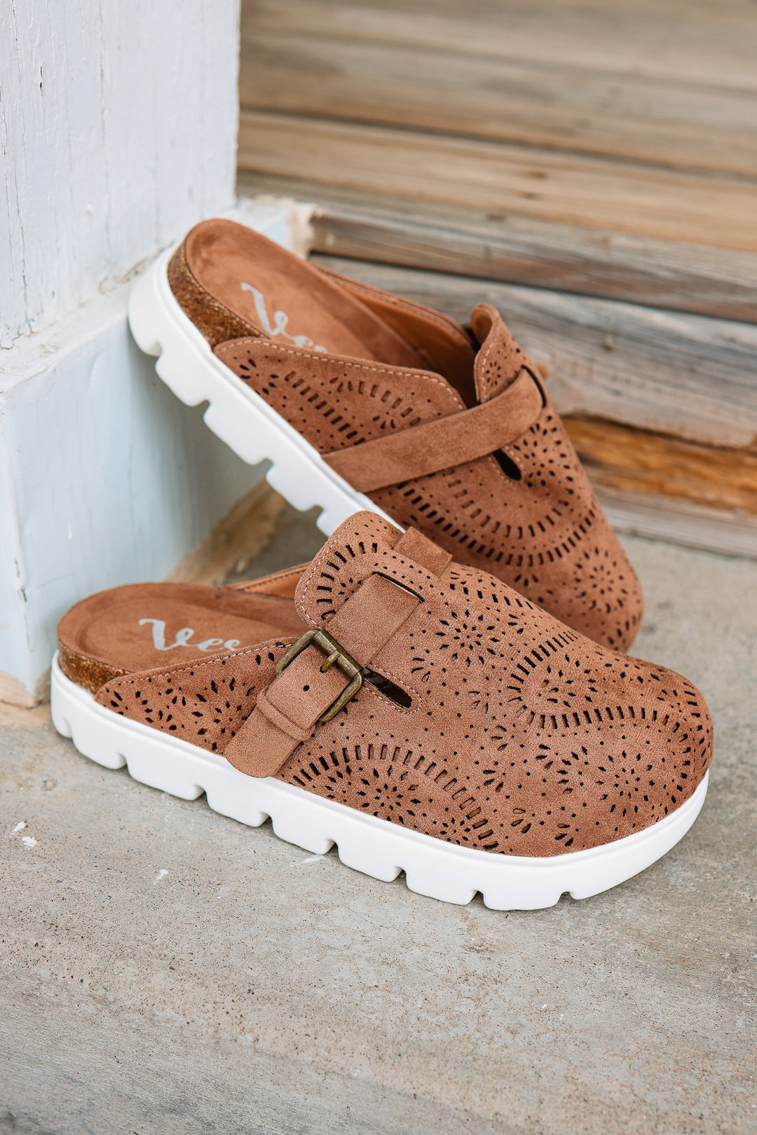 Lulu Laser Cut Platform Clog - Tan