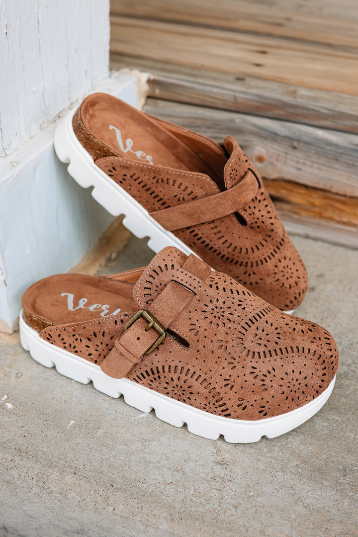 Lulu Laser Cut Platform Clog - Tan