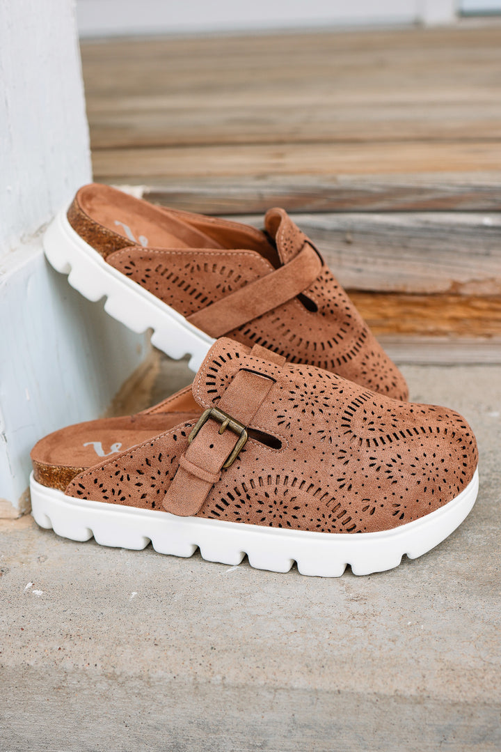 Lulu Laser Cut Platform Clog - Tan