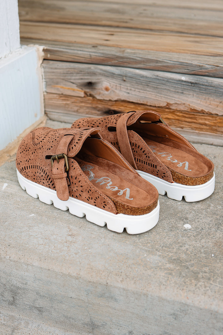 Lulu Laser Cut Platform Clog - Tan