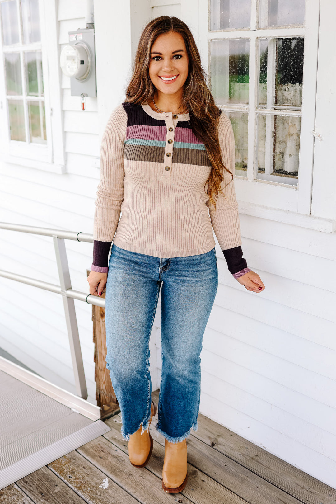 Tiana Ribbed Henley Top - Oatmeal