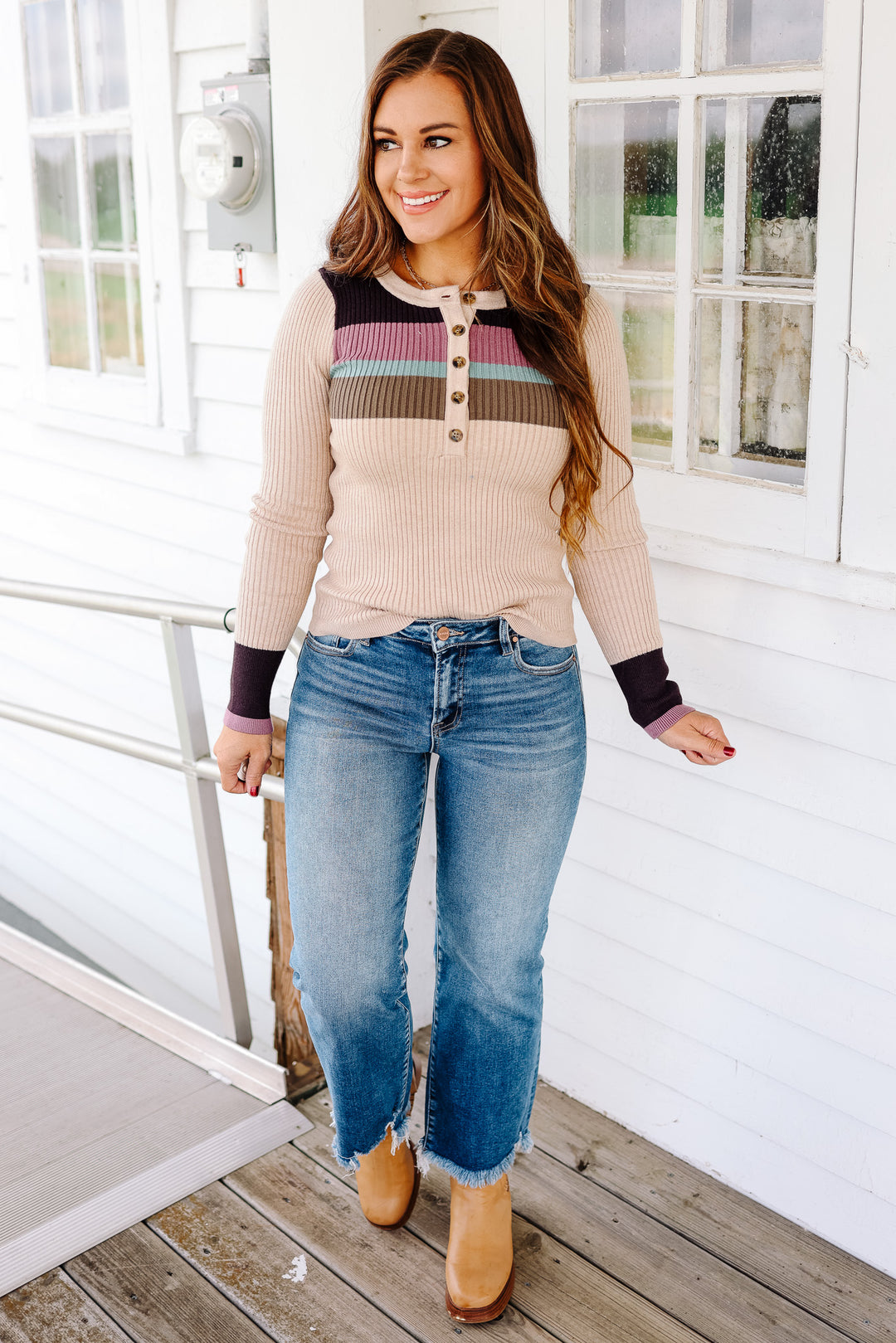 Tiana Ribbed Henley Top - Oatmeal