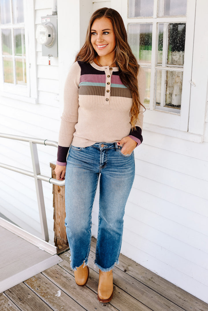 Tiana Ribbed Henley Top - Oatmeal