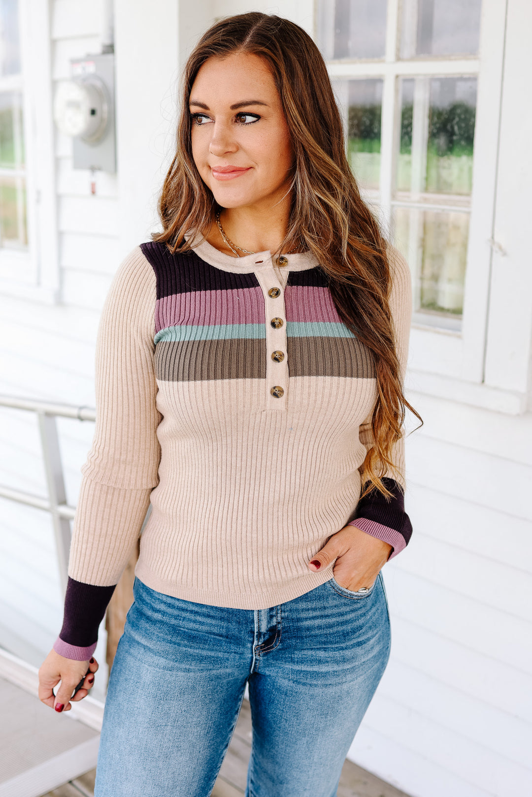 Tiana Ribbed Henley Top - Oatmeal