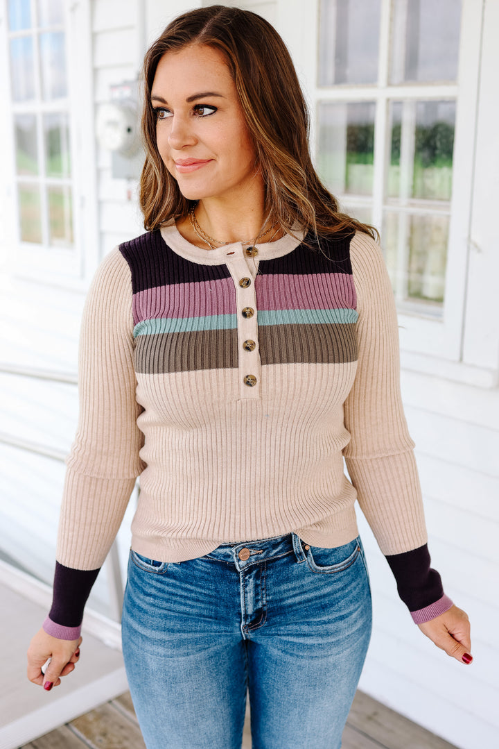Tiana Ribbed Henley Top - Oatmeal