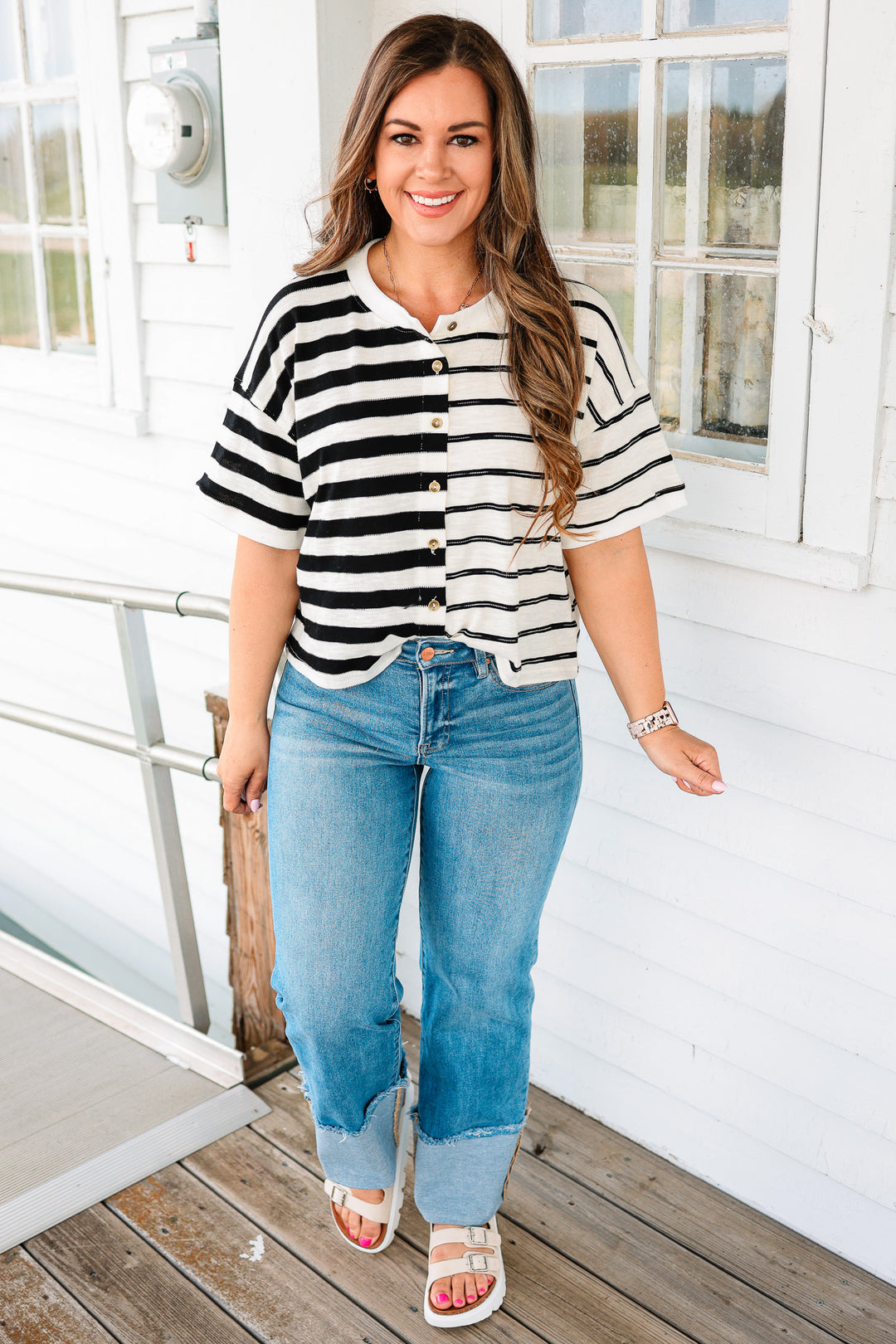 Lottie Button Down Crewneck Tee - Black/White