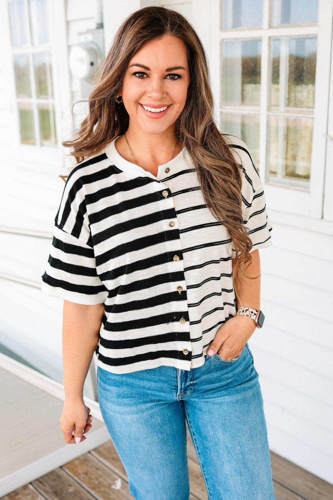 Lottie Button Down Crewneck Tee - Black/White