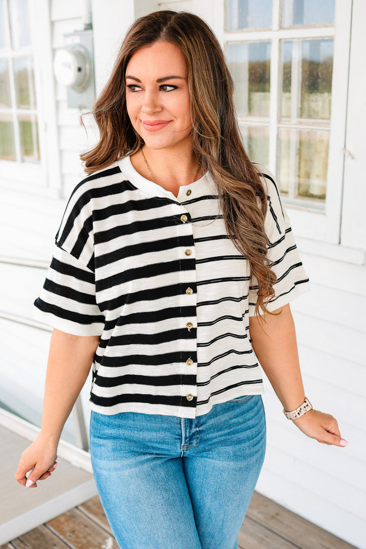 Lottie Button Down Crewneck Tee - Black/White