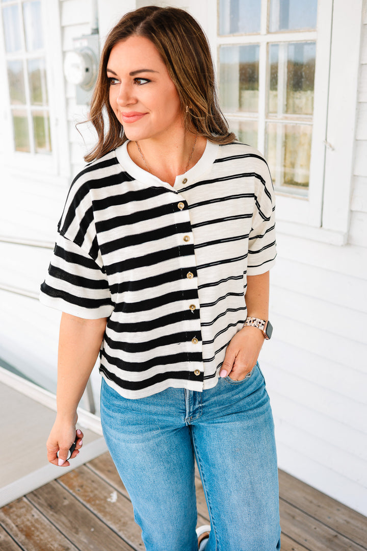 Lottie Button Down Crewneck Tee - Black/White