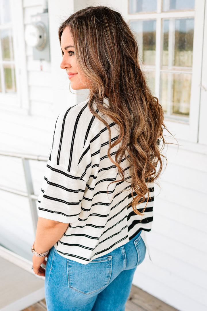Lottie Button Down Crewneck Tee - Black/White
