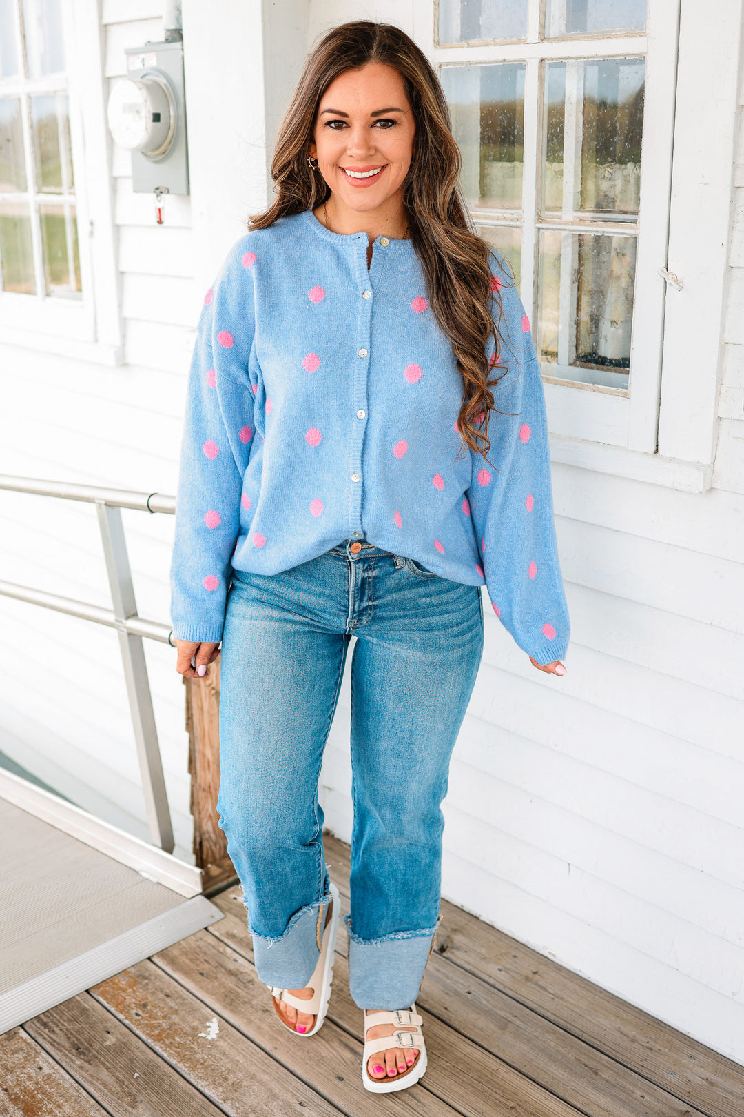 Sadie Polka Dot Sweater Cardigan - Light Blue