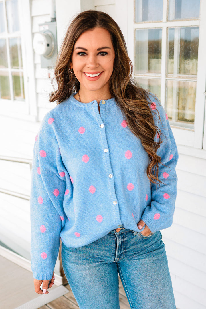 Sadie Polka Dot Sweater Cardigan - Light Blue