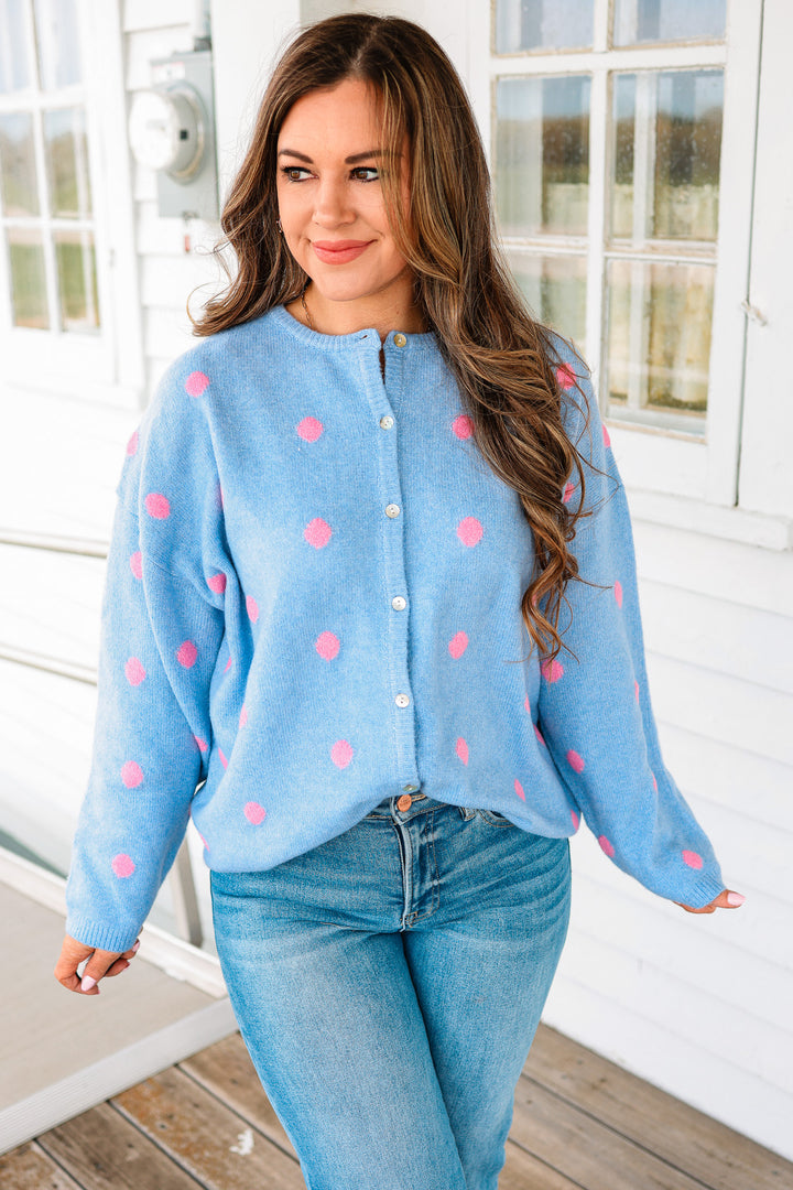 Sadie Polka Dot Sweater Cardigan - Light Blue
