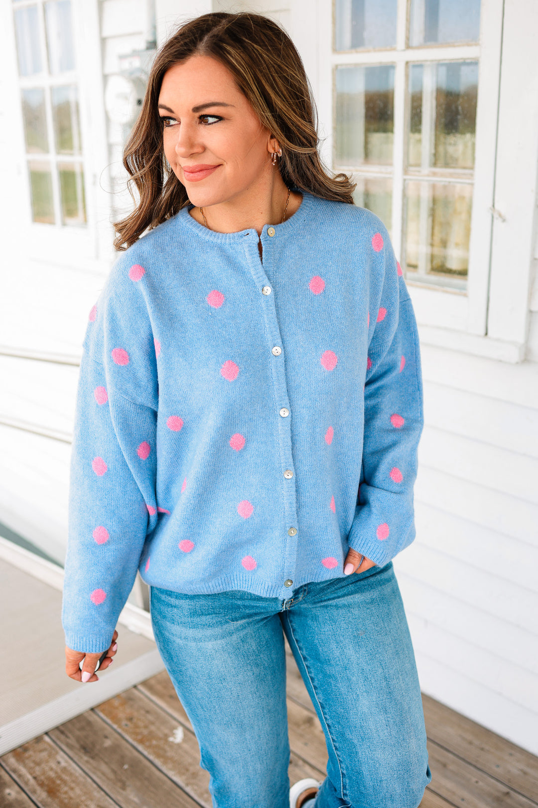 Sadie Polka Dot Sweater Cardigan - Light Blue