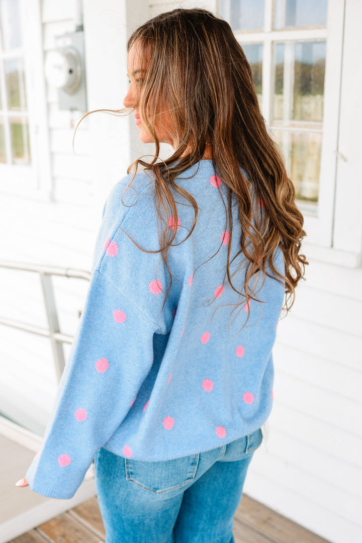Sadie Polka Dot Sweater Cardigan - Light Blue