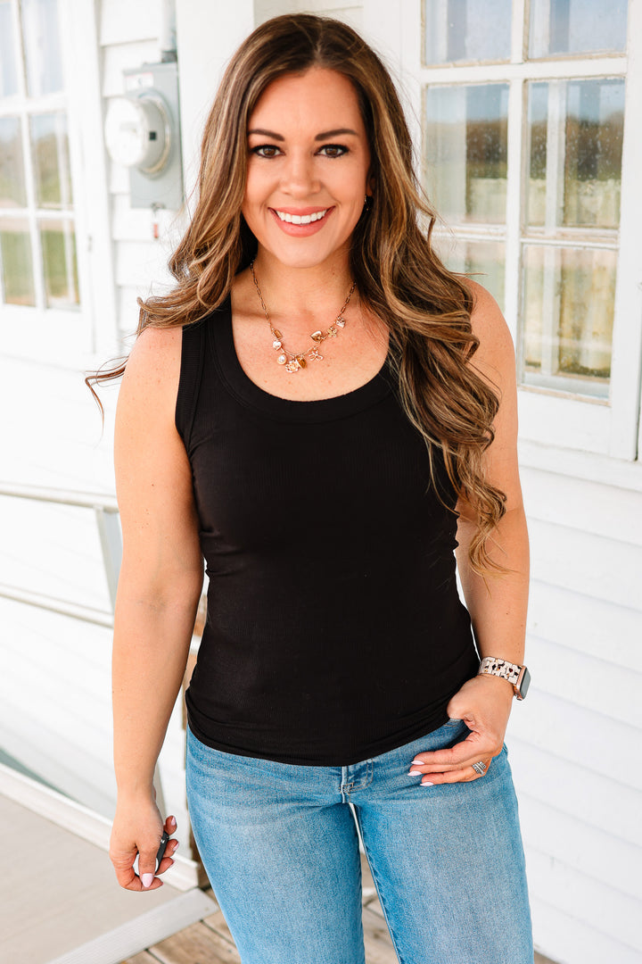 Mila Ribbed Scoop Neck Tank - Black