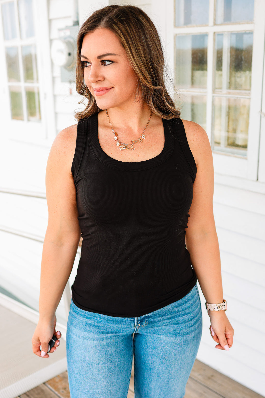 Mila Ribbed Scoop Neck Tank - Black