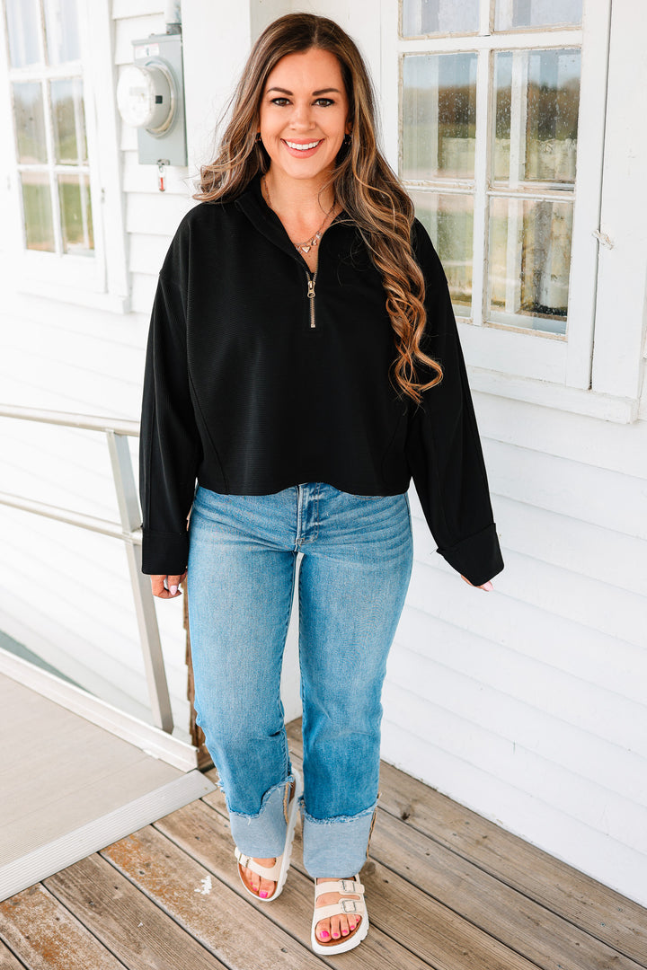 Jade Ribbed Half Zip Cropped Pullover - Black