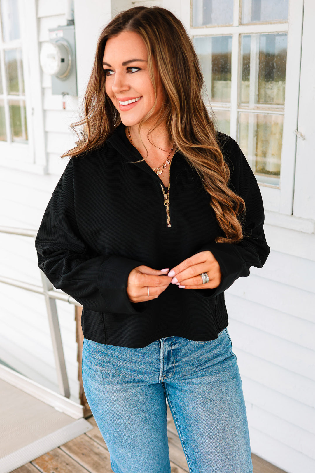 Jade Ribbed Half Zip Cropped Pullover - Black