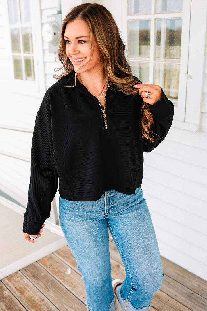 Jade Ribbed Half Zip Cropped Pullover - Black