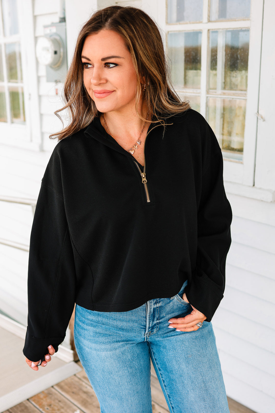 Jade Ribbed Half Zip Cropped Pullover - Black
