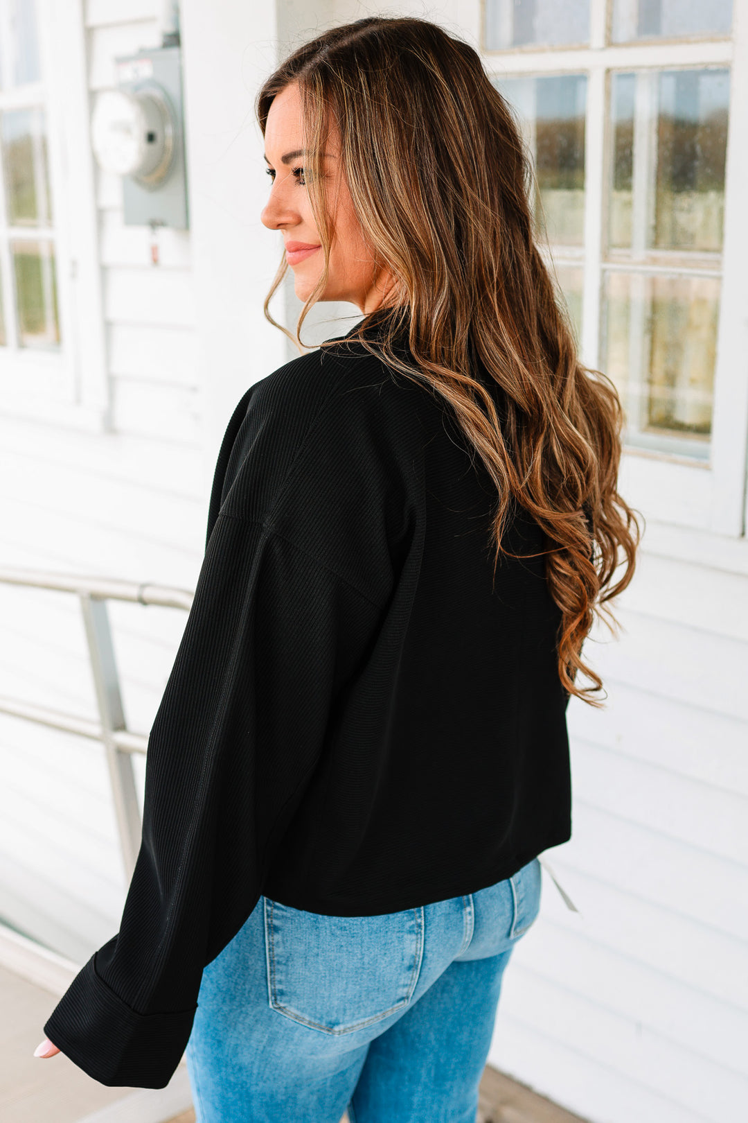 Jade Ribbed Half Zip Cropped Pullover - Black