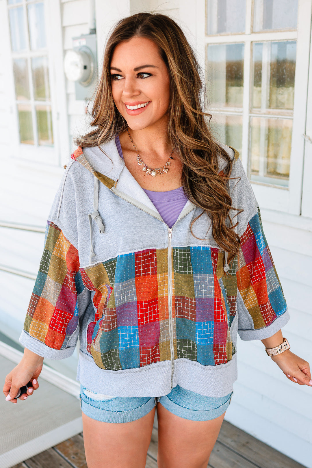 Esme Multicolor Checker Hoodie Cardigan