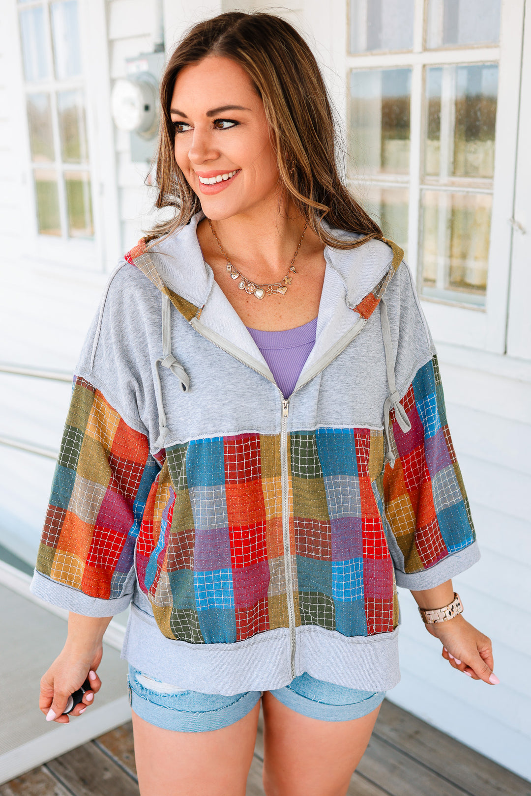 Esme Multicolor Checker Hoodie Cardigan