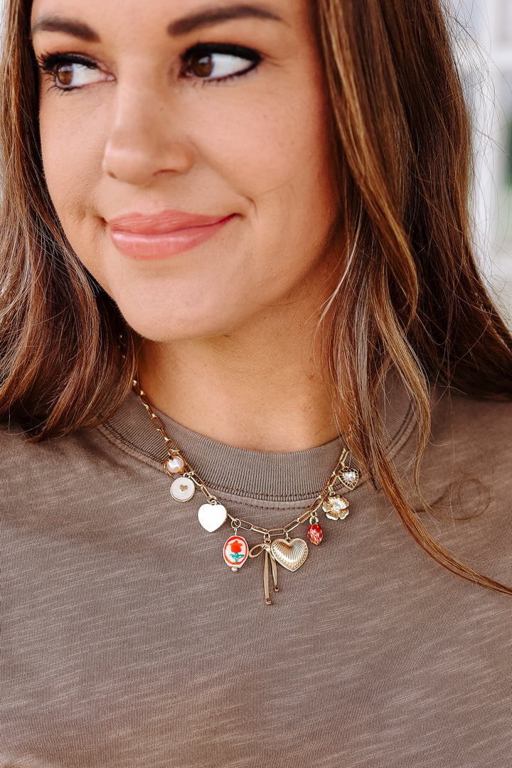 Bow Toile Floral Heart Rhinestone Charm Necklace