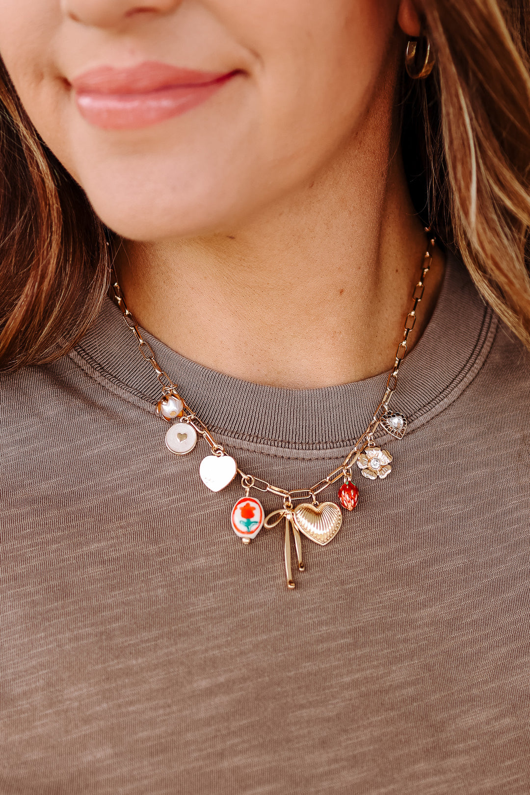 Bow Toile Floral Heart Rhinestone Charm Necklace