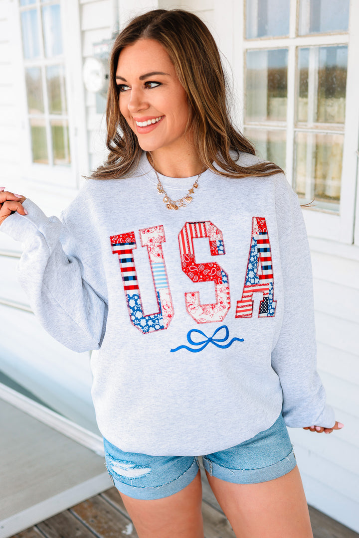 Stars, Stripes, & Stitches Crewneck Sweatshirt - Ash Grey