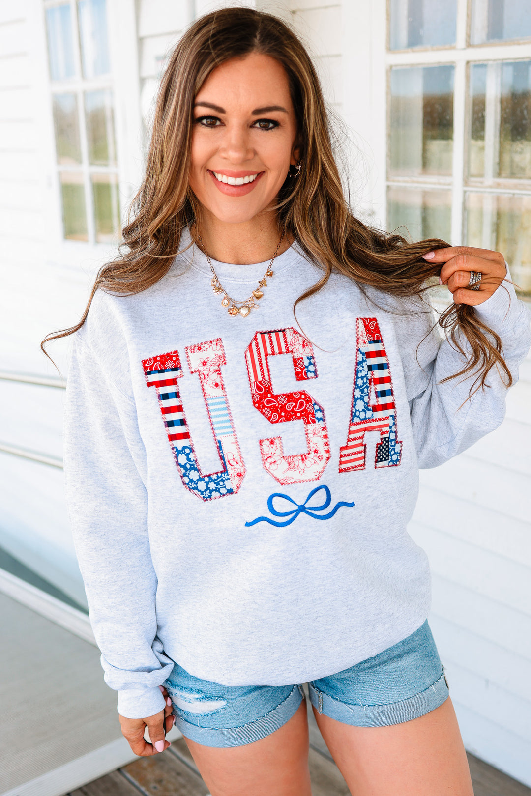 Stars, Stripes, & Stitches Crewneck Sweatshirt - Ash Grey