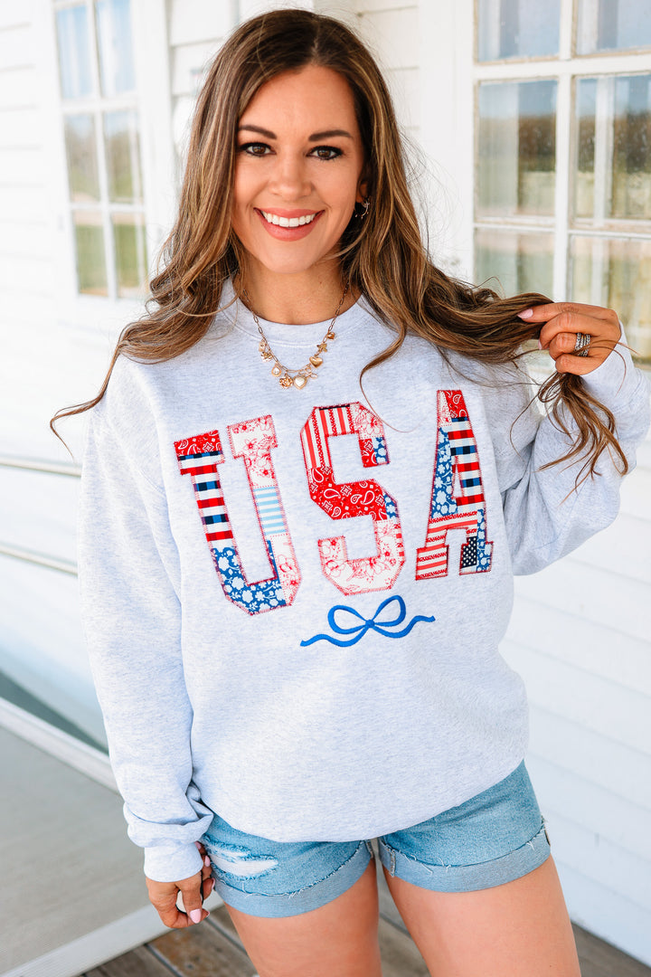 Stars, Stripes, & Stitches Crewneck Sweatshirt - Ash Grey