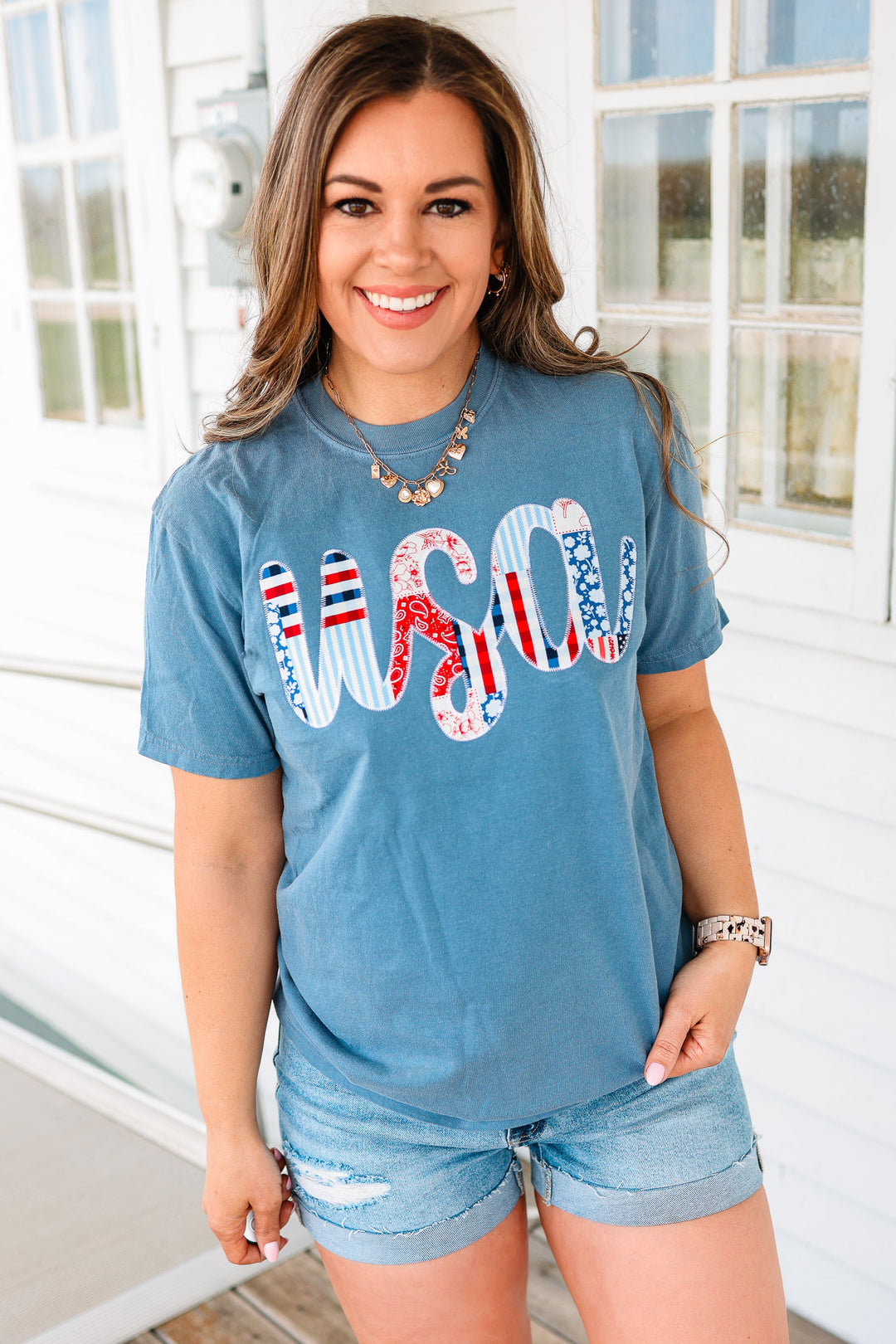 All American Patchwork Graphic Tee - Blue Jean