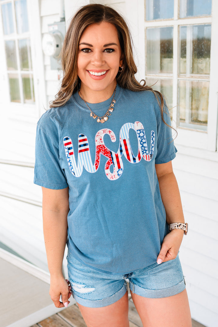 All American Patchwork Graphic Tee - Blue Jean