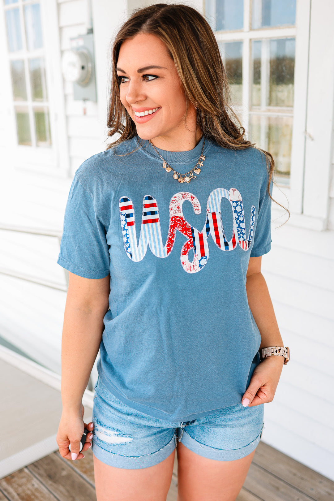 All American Patchwork Graphic Tee - Blue Jean