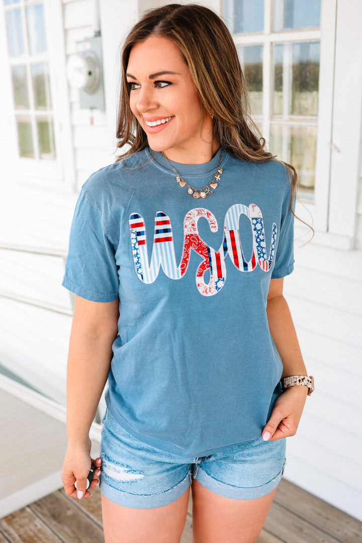 All American Patchwork Graphic Tee - Blue Jean