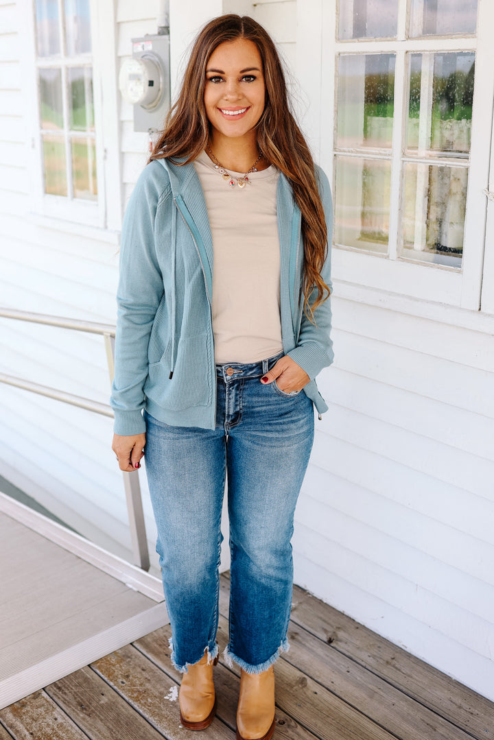 Elowen Zip Up Sweater Hoodie - Dusty Blue