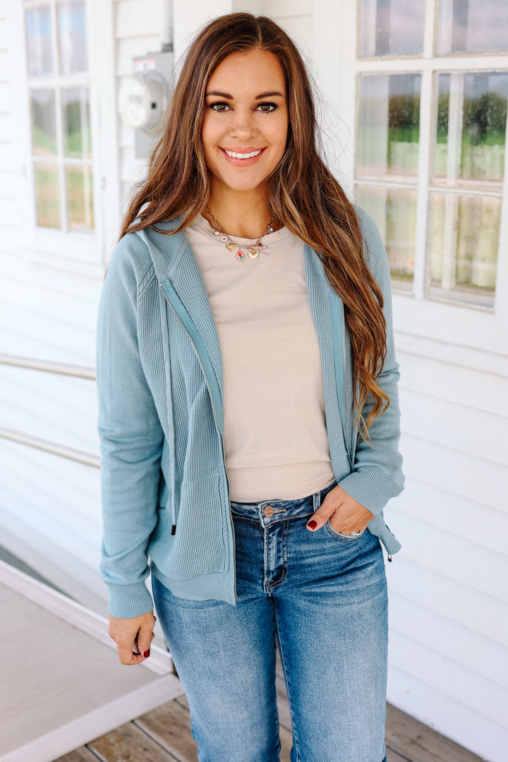 Elowen Zip Up Sweater Hoodie - Dusty Blue