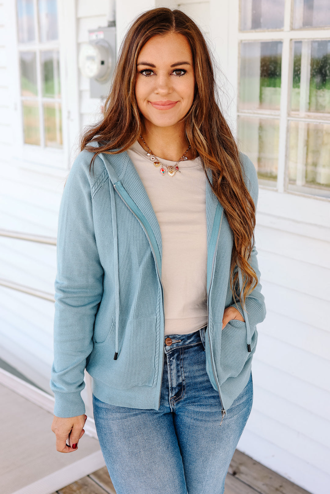 Elowen Zip Up Sweater Hoodie - Dusty Blue