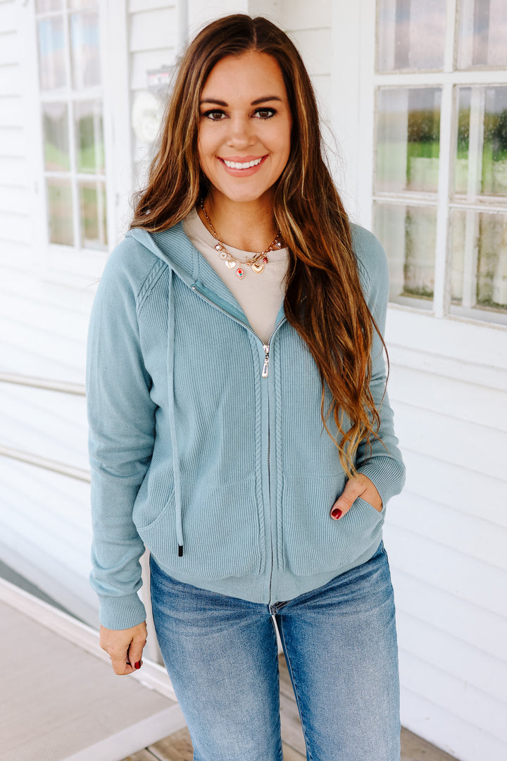 Elowen Zip Up Sweater Hoodie - Dusty Blue