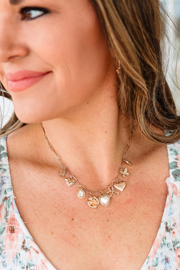 Bow Heart Flower Charm Necklace