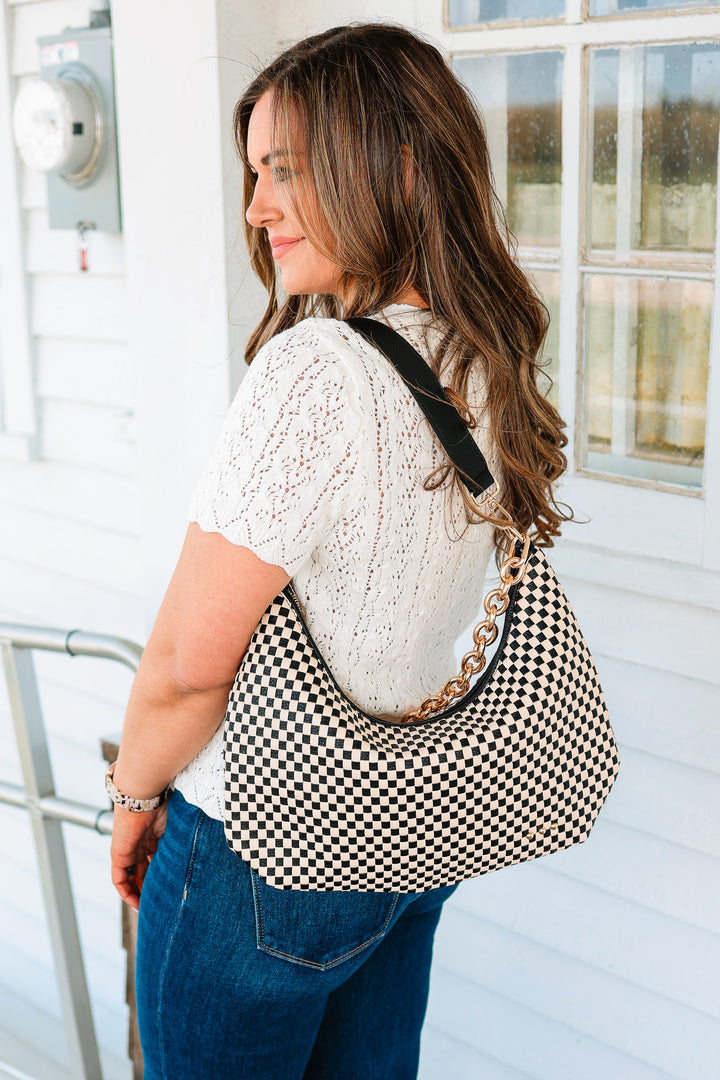 Sienna Slouchy Woven Shoulder Bag - Black Checkered