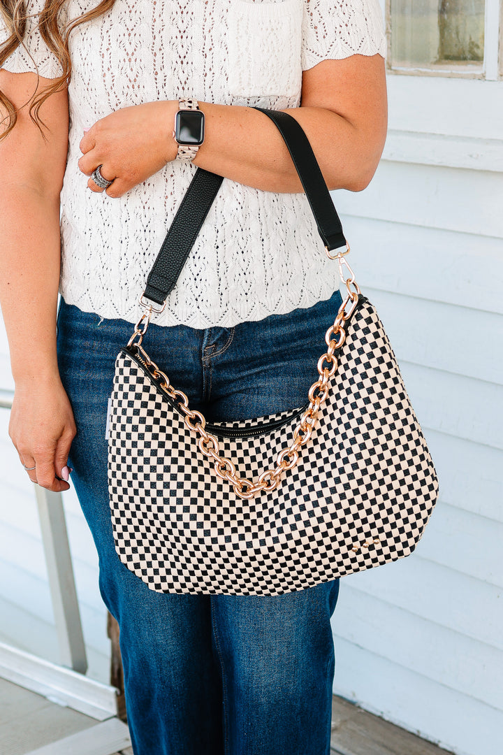 Sienna Slouchy Woven Shoulder Bag - Black Checkered