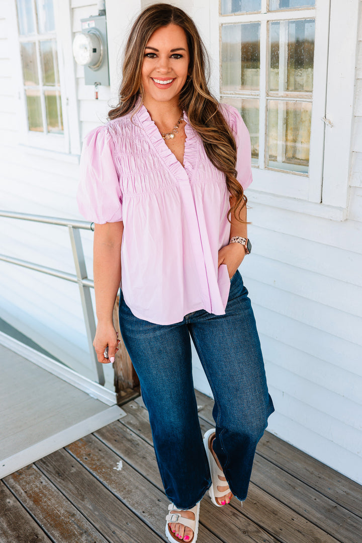 Collins Yoke Smocked Poplin Blouse - Pink
