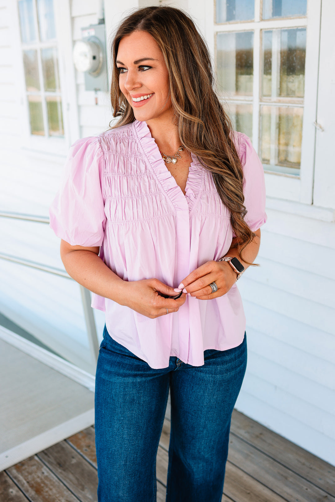 Collins Yoke Smocked Poplin Blouse - Pink