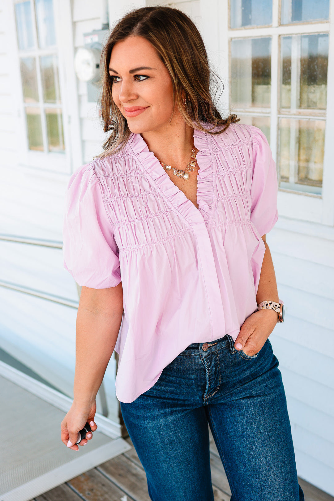 Collins Yoke Smocked Poplin Blouse - Pink
