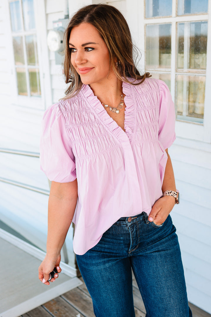Collins Yoke Smocked Poplin Blouse - Pink
