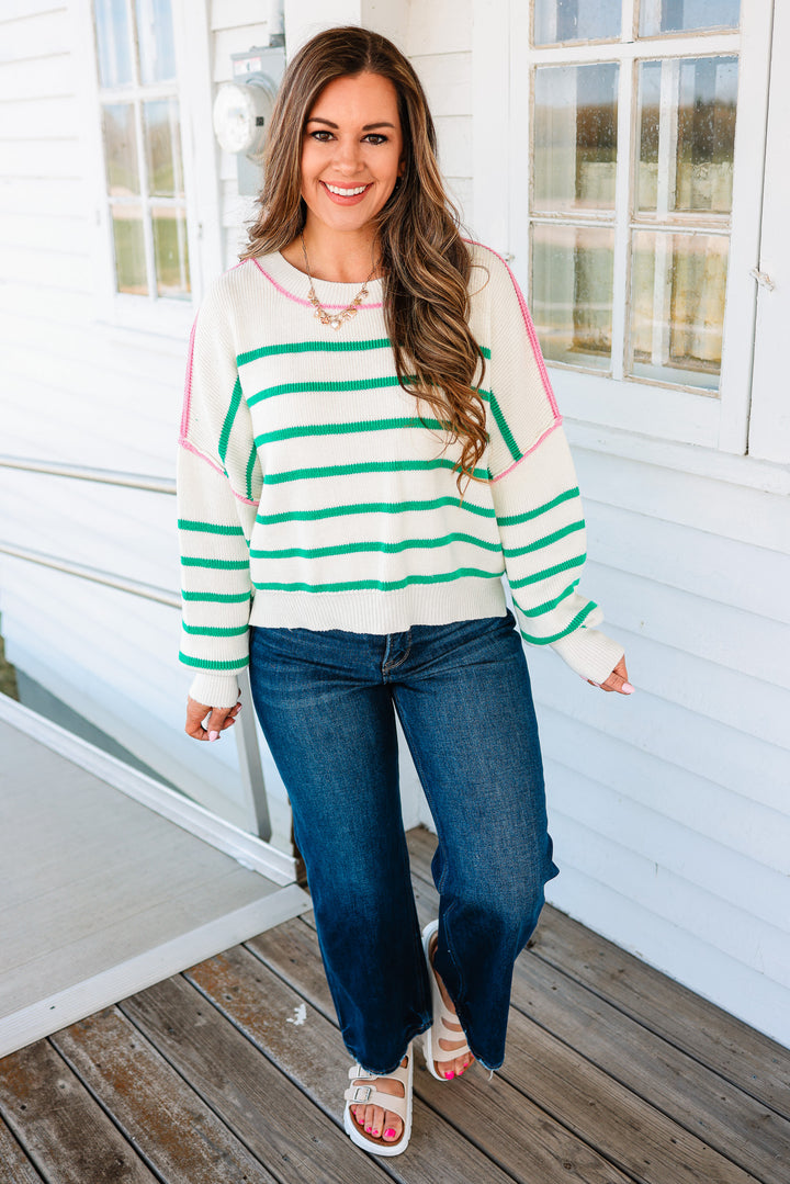 Freya Crewneck Striped Sweater - Ivory/Green