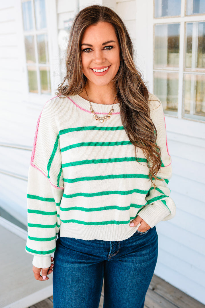 Freya Crewneck Striped Sweater - Ivory/Green